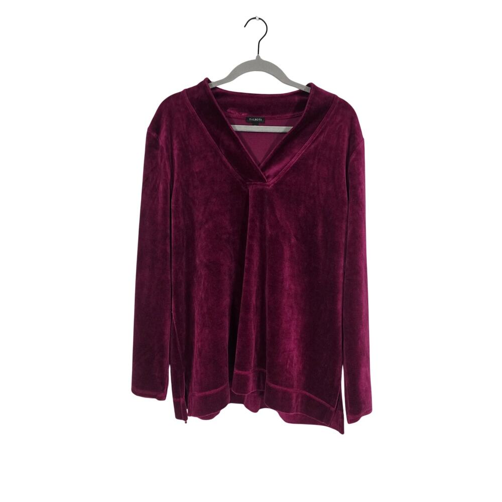 Talbots Women XL Burgundy Velour V Neck Top Soft Casual Cozycore work Office